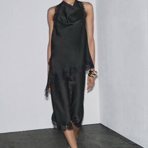 Zara Black Satin Lace-Trim Skirt